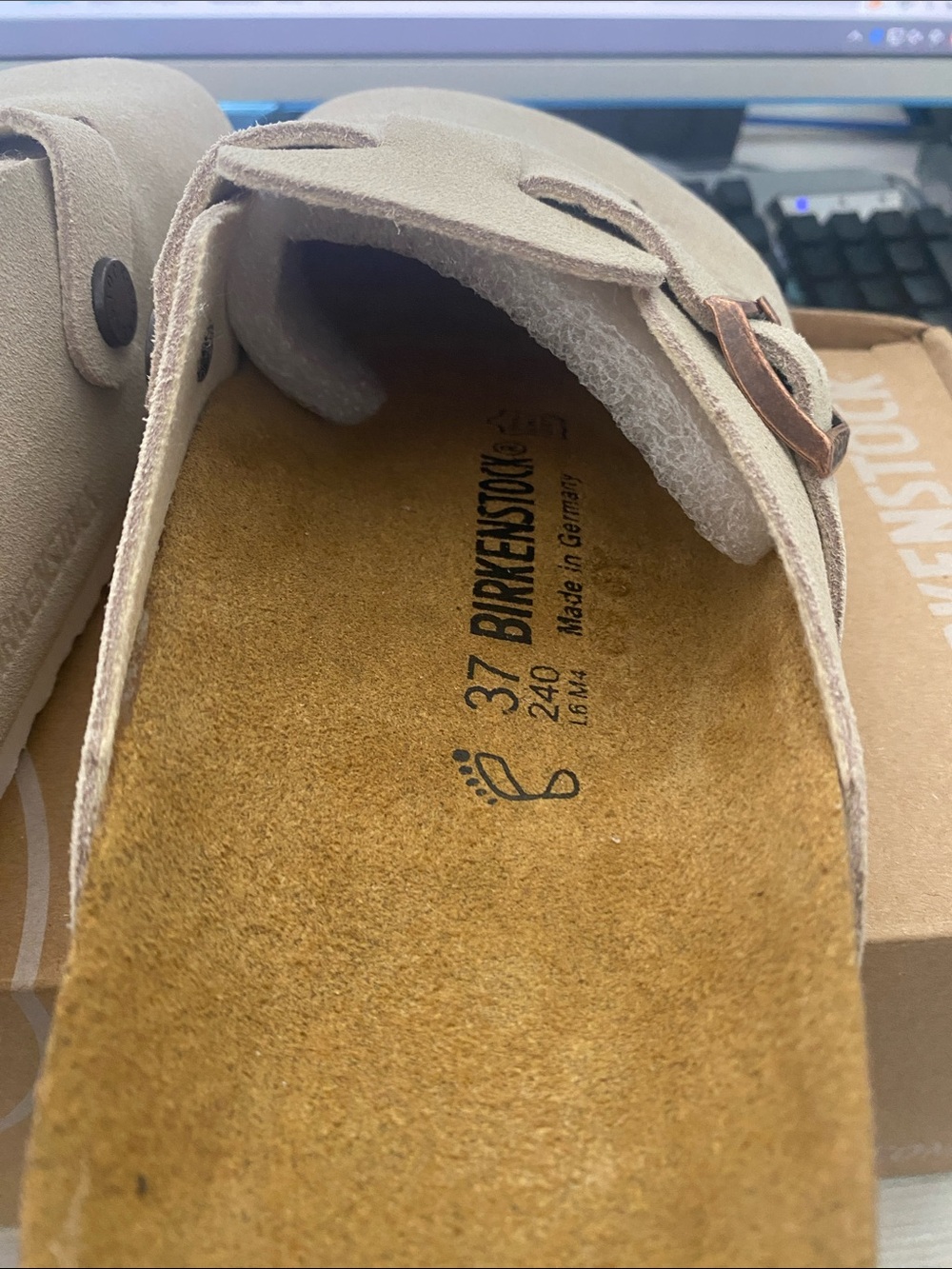 Birkenstock Beige Suede Clogs with Rose Gold Buckles - Picture 5 of 8